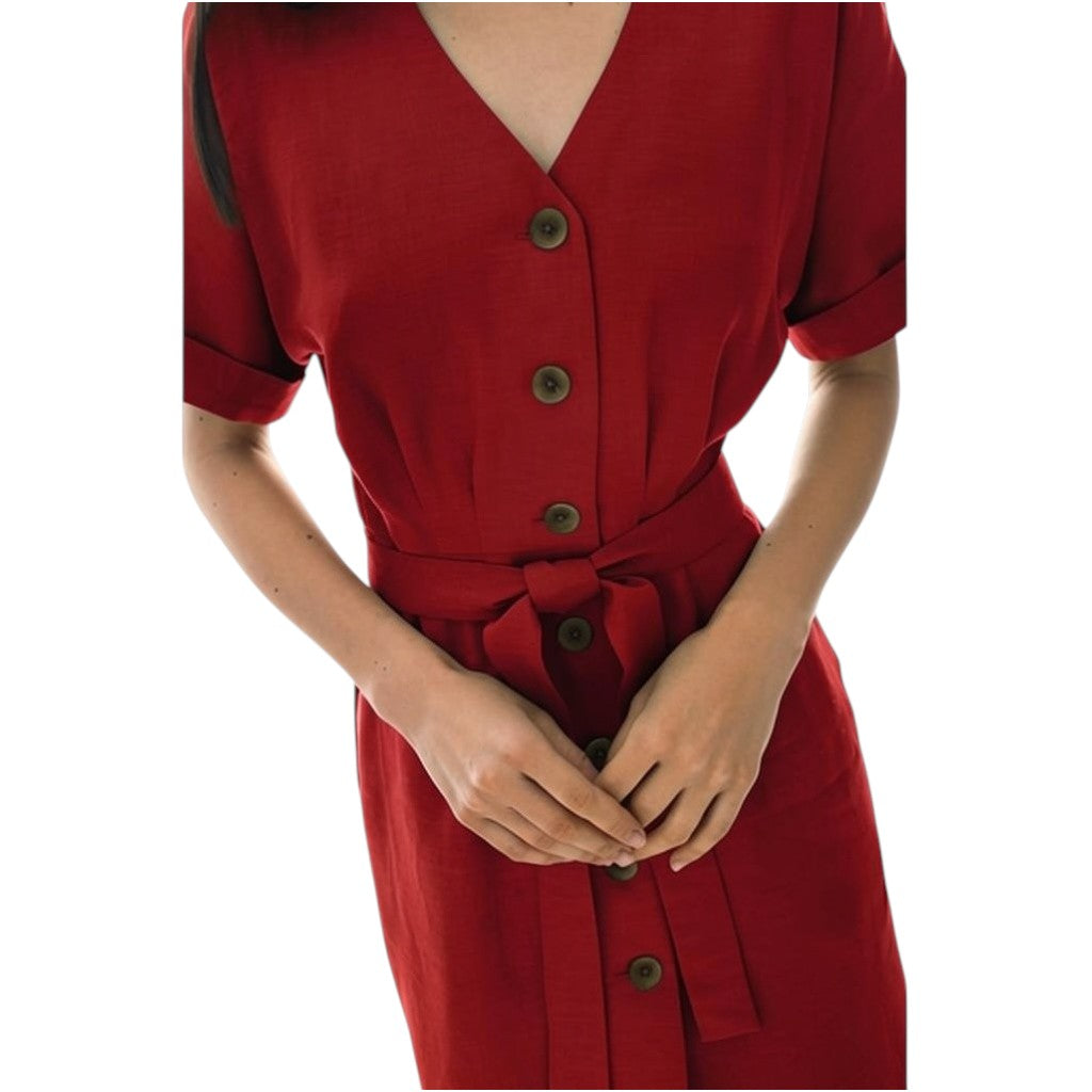 006 — Vestido Esencia Midi Con Cinturón Rojo burdeos