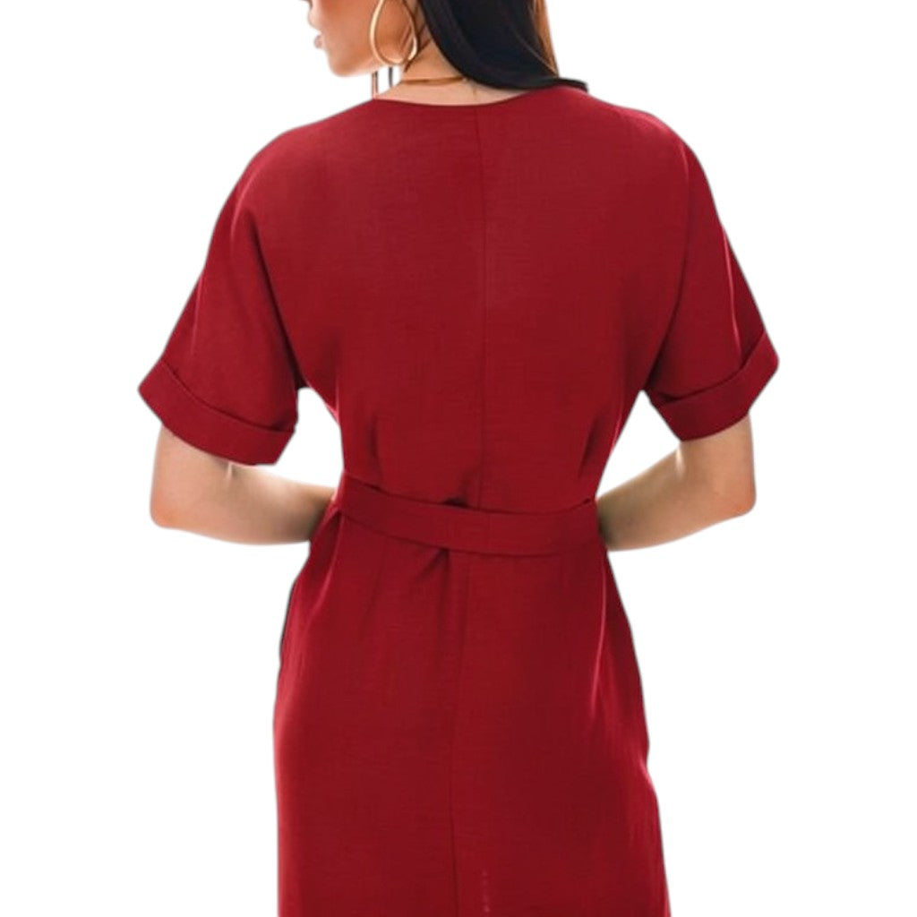 006 — Vestido Esencia Midi Con Cinturón Rojo burdeos