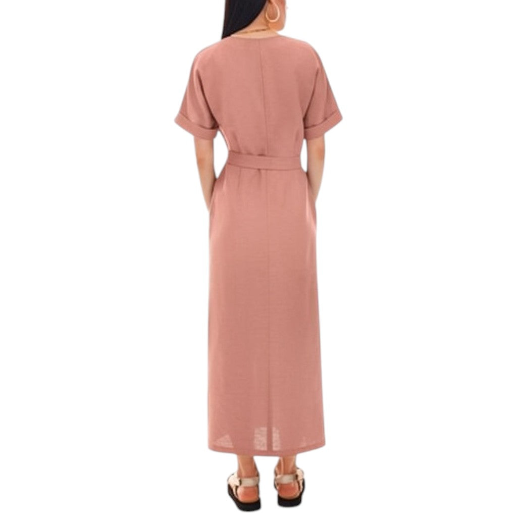 006 — Vestido Esencia Midi Con Cinturón Rosa empolvado