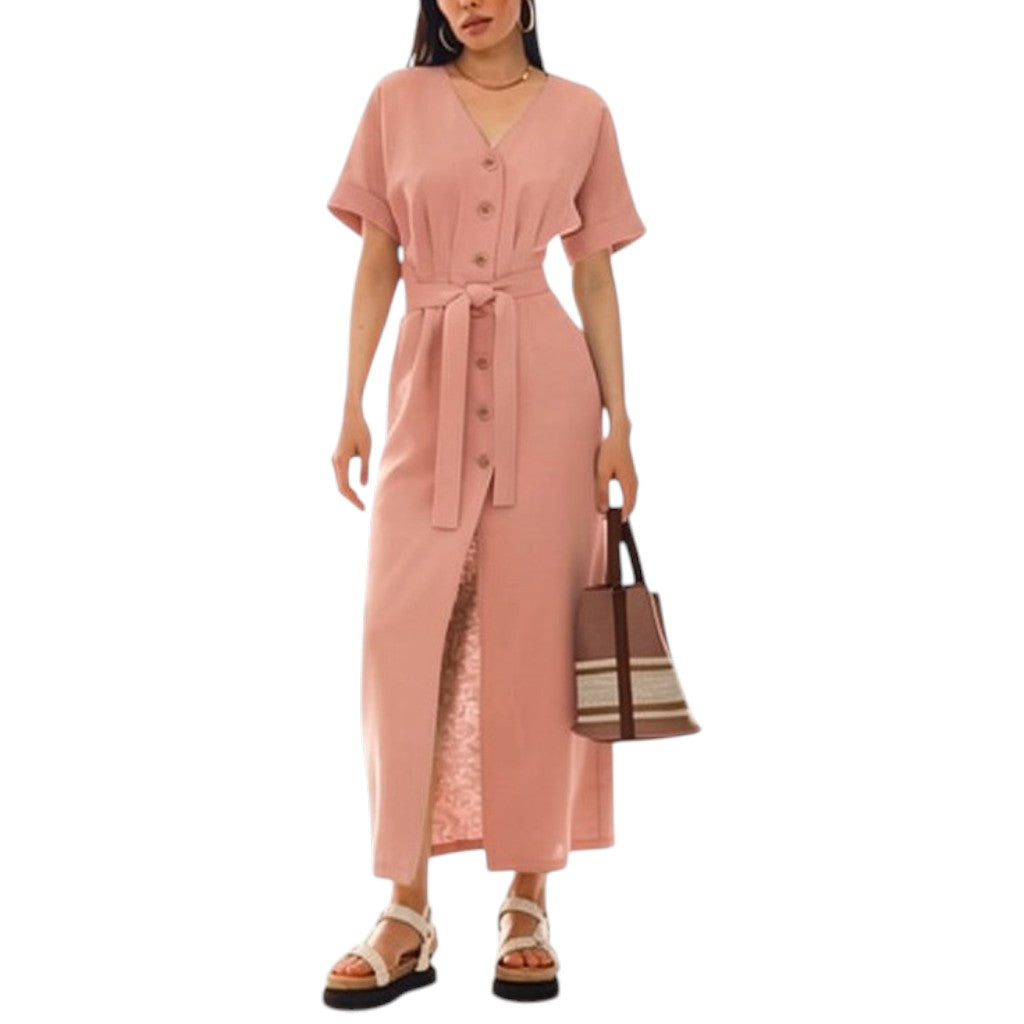 006 — Vestido Esencia Midi Con Cinturón Rosa empolvado