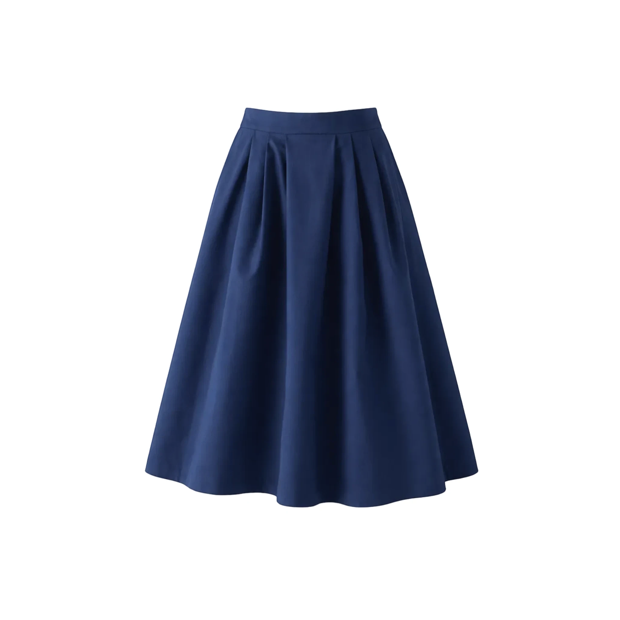 Falda azul marino de REVES con pliegues y cintura alta. Diseño midi con caída fluida.