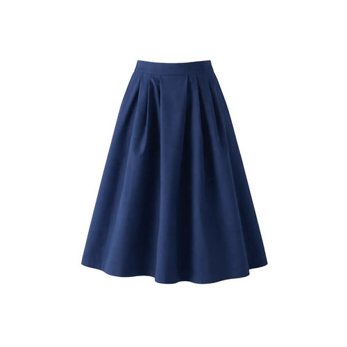 Falda azul marino de REVES con pliegues y cintura alta. Diseño midi con caída fluida.