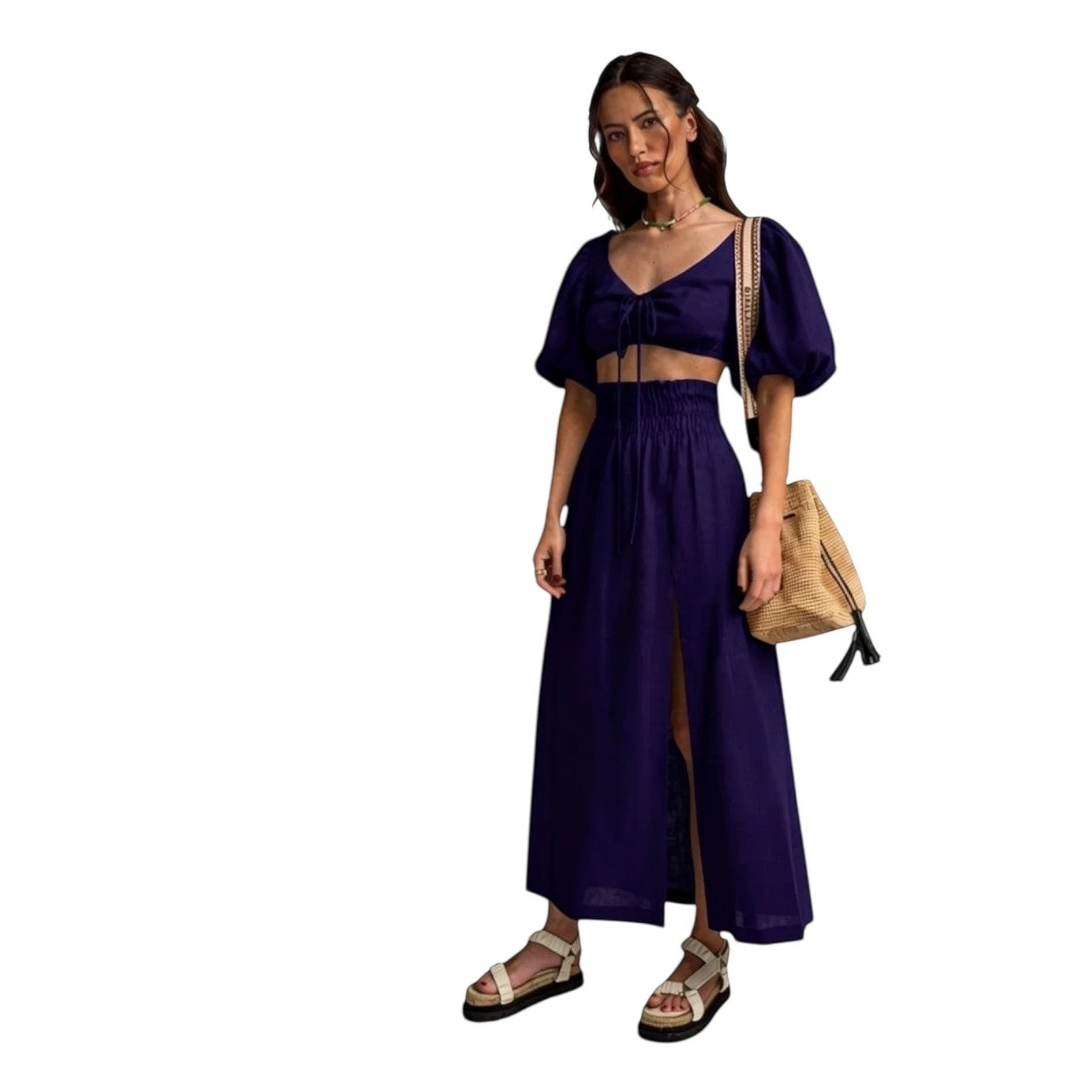Falda maxi azul marino REVES de talle alto con abertura frontal y cinturilla elástica. Conjunto de verano.