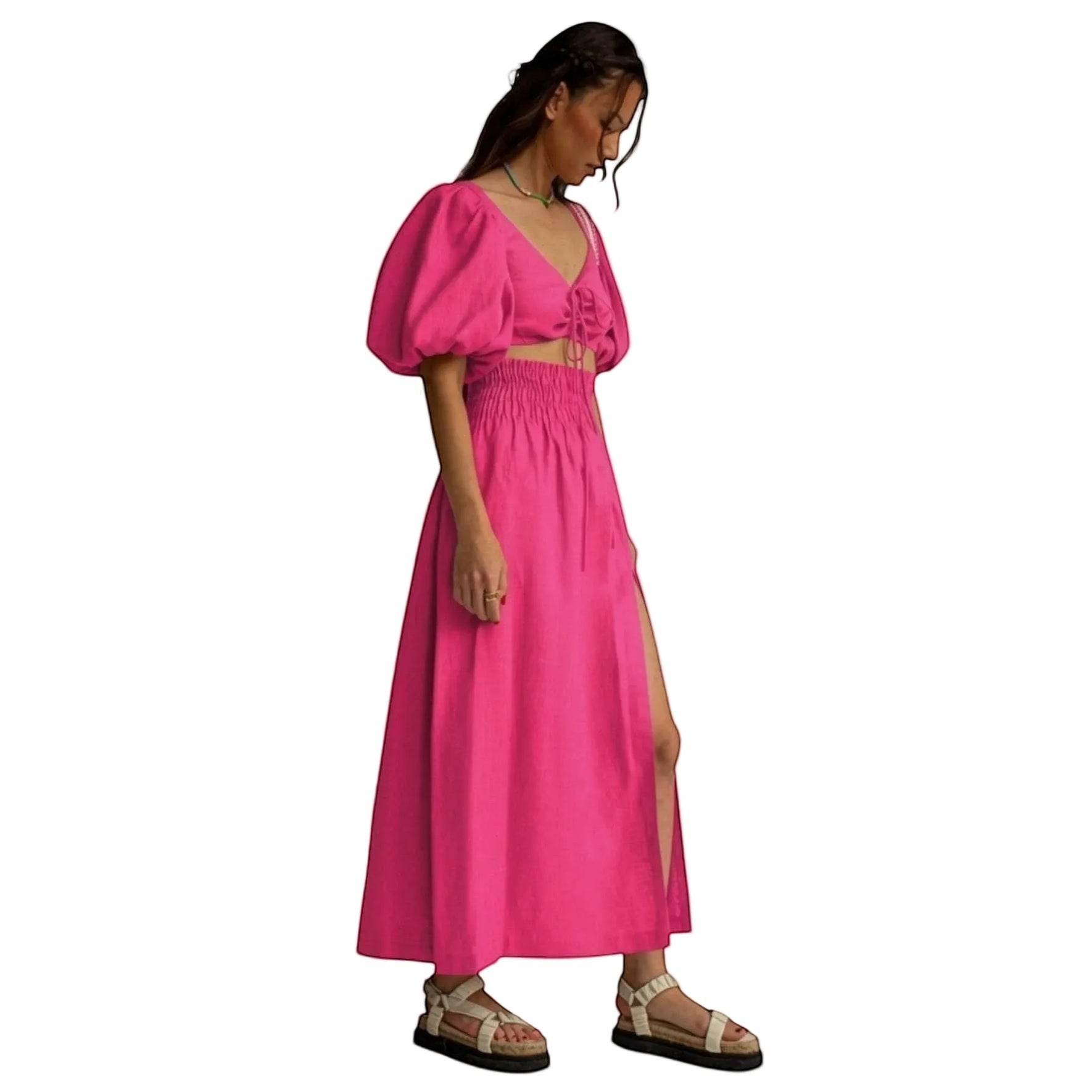 Falda maxi fucsia REVES de talle alto con abertura frontal y banda elástica. Ideal para verano.