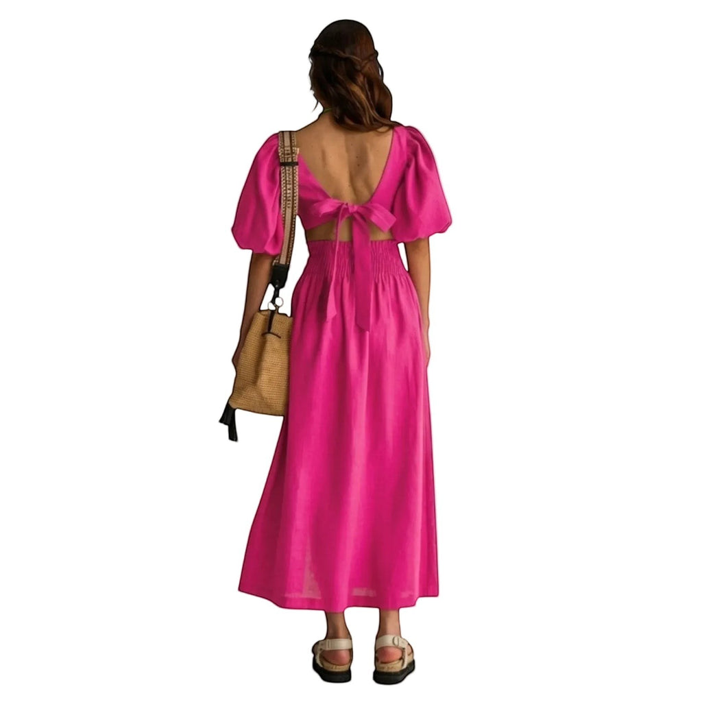 REVES falda maxi fucsia de talle alto con abertura frontal y lazo en la espalda. Tejido ligero.