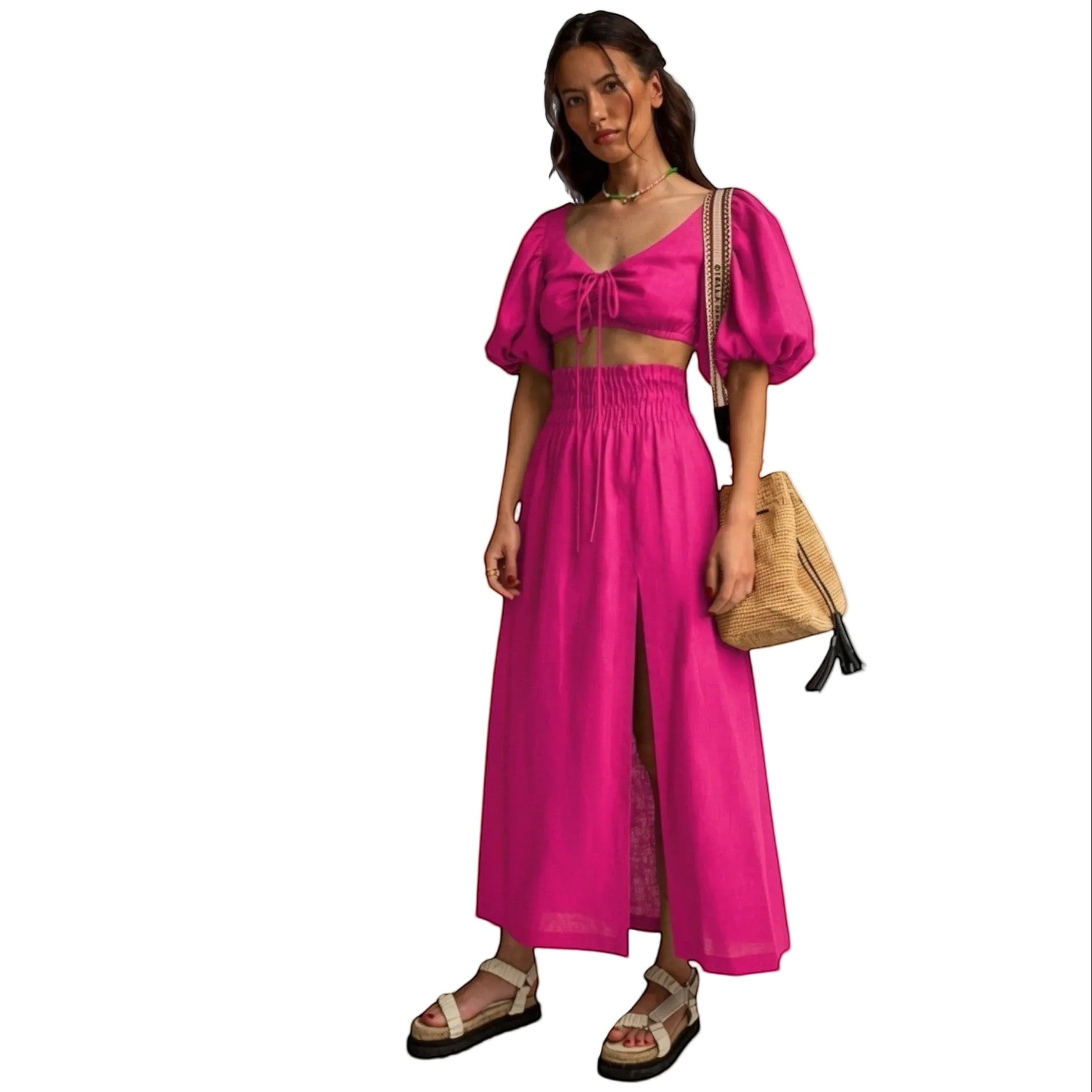 Falda maxi fucsia REVES de talle alto con abertura frontal y banda elástica. Tejido ligero.