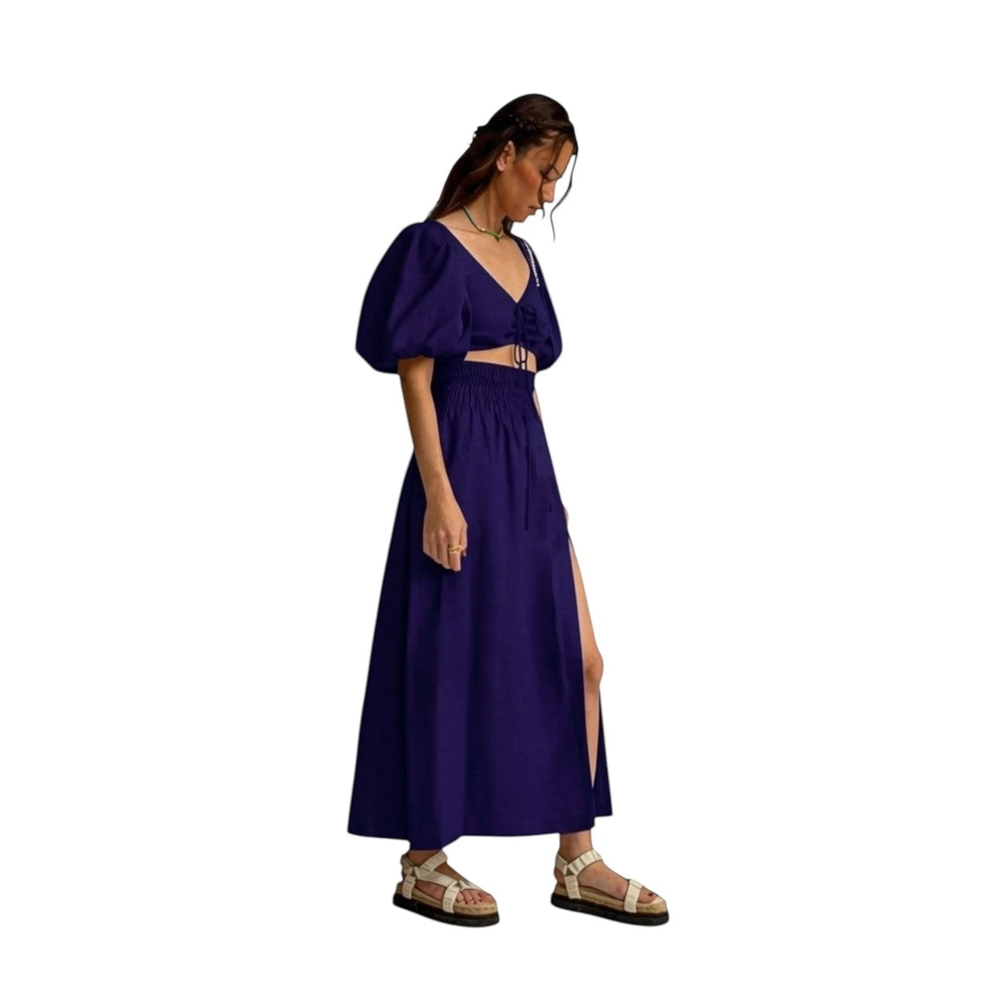 REVES top azul marino de manga abullonada con escote en V y lazada frontal, cintura elástica y falda larga con abertura lateral.