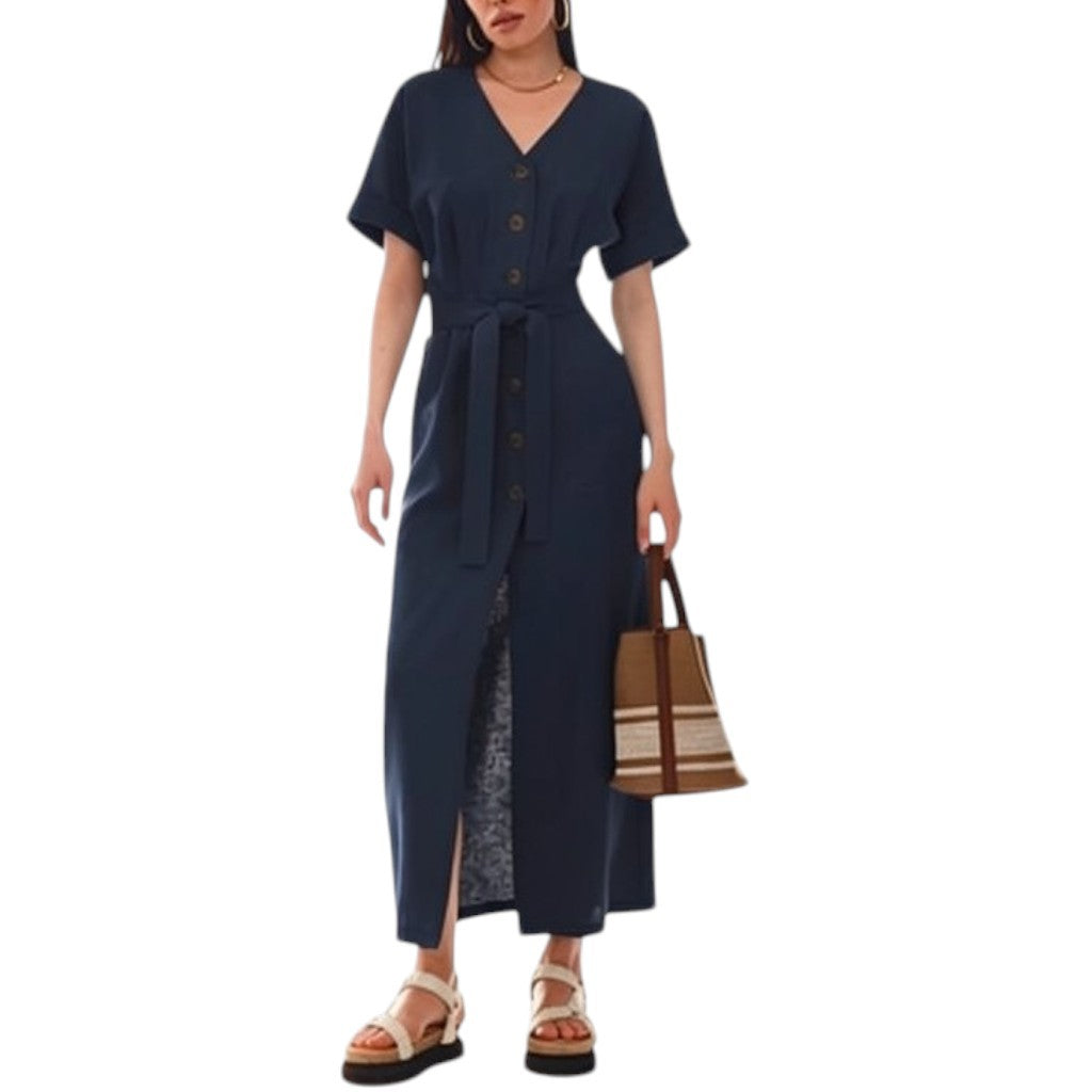 Vestido midi REVES azul marino de manga corta con botones frontales y cinturón ajustable para mujer